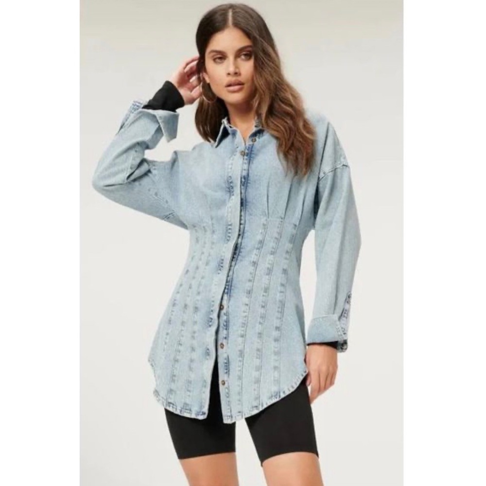 Good American Corset Waist Denim Shirt Jacket Light Wash Blue Size 1 GSSD29D
